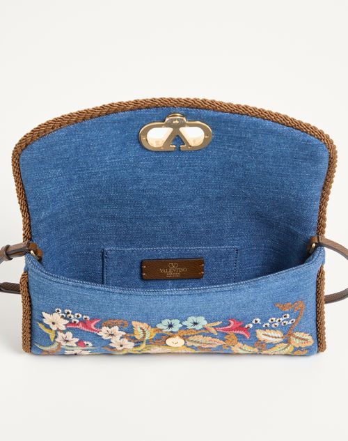 Valentino Garavani - Valentino Garavani Devain Small Shoulder Bag In Embroidered Denim - Denim/multicolour - Woman - Shoulder Bags